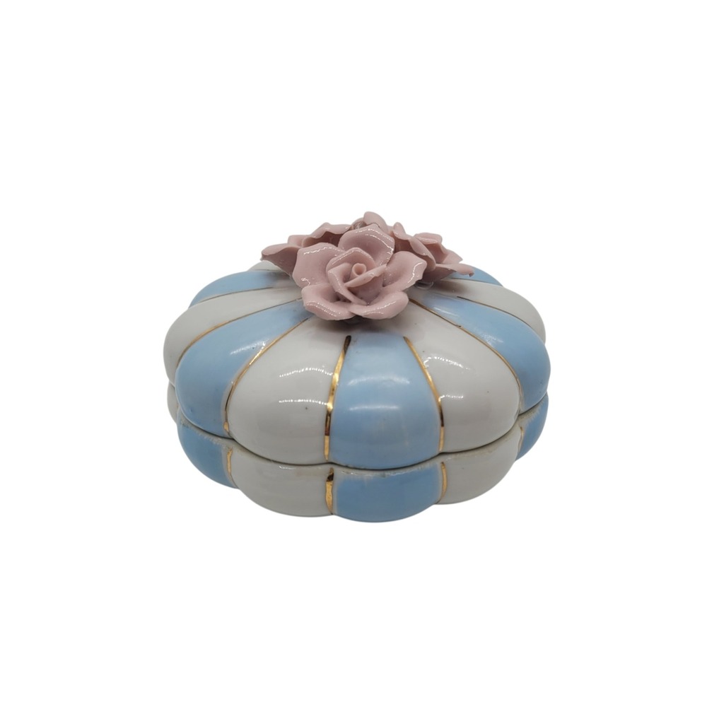 Vintage Japan Porcelain Trinket Box Blue White Striped Pink Roses Gold Trim